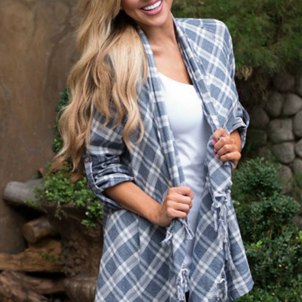 New  Plaid Blazer Jacket Top Entro Linen Fringe - Picture 2 of 6